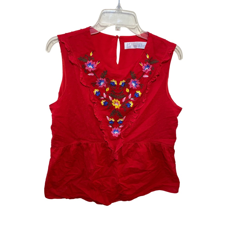 Time and Tru Womens Red Swiss‎ Dot Embroidered Floral Peplum Top Large 12-14